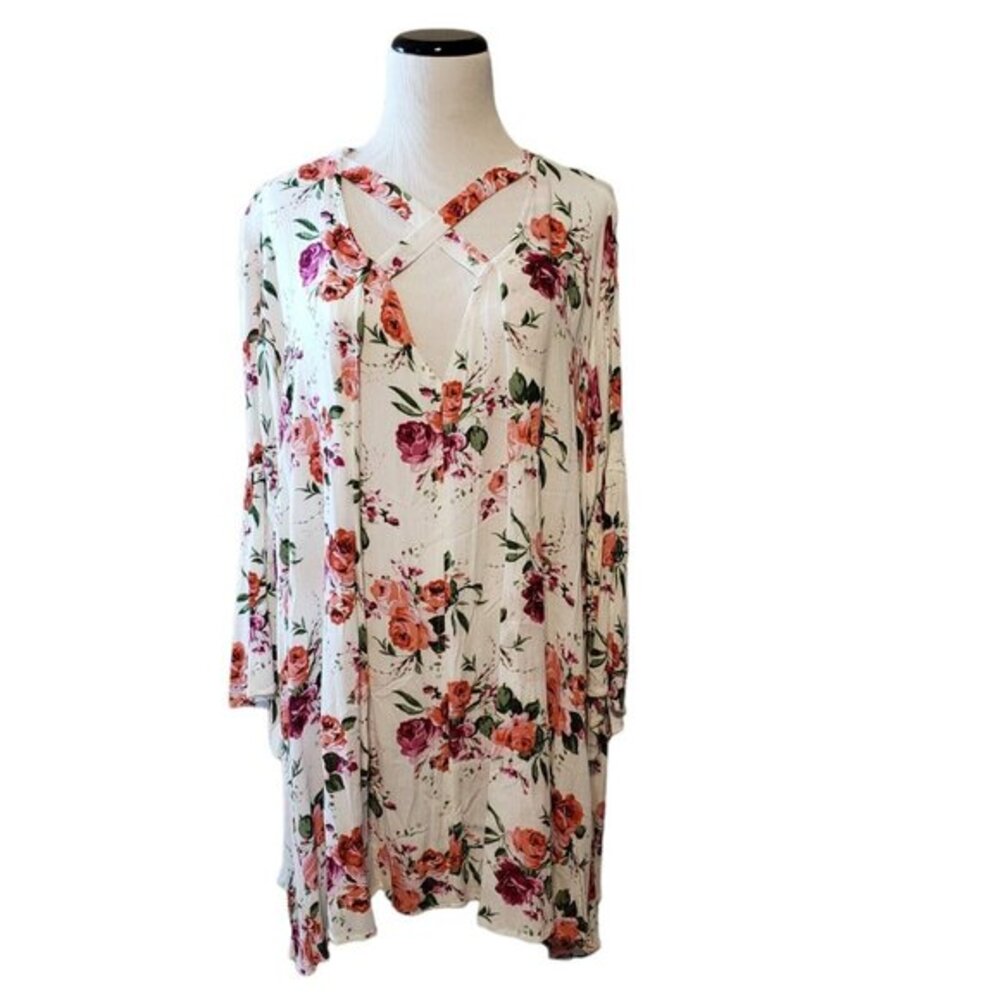 Umgee Floral Roses Print 3/4 Flared Sleeve Oversized Shift Mini Dress size M